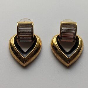 Vintage  SAL Swarovski Clear Crystals Heart Gold Tone Stud Door-knocker Earrings